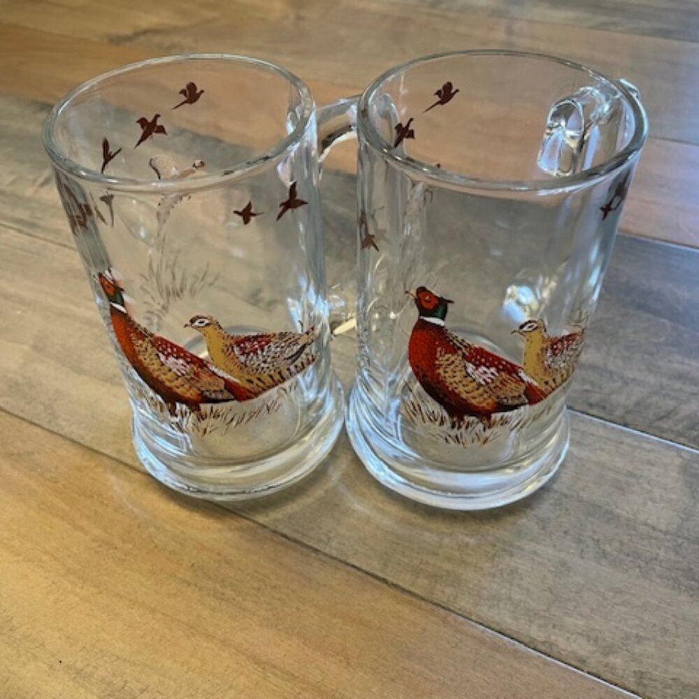 Vintage (2) Schmidt Collector Series of Ring-necked Pheasant Glass Mugs 5.5" t